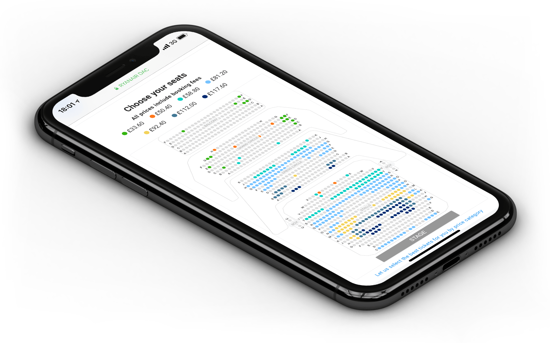 Phone showing the Ryanair Tickets Seat Selector