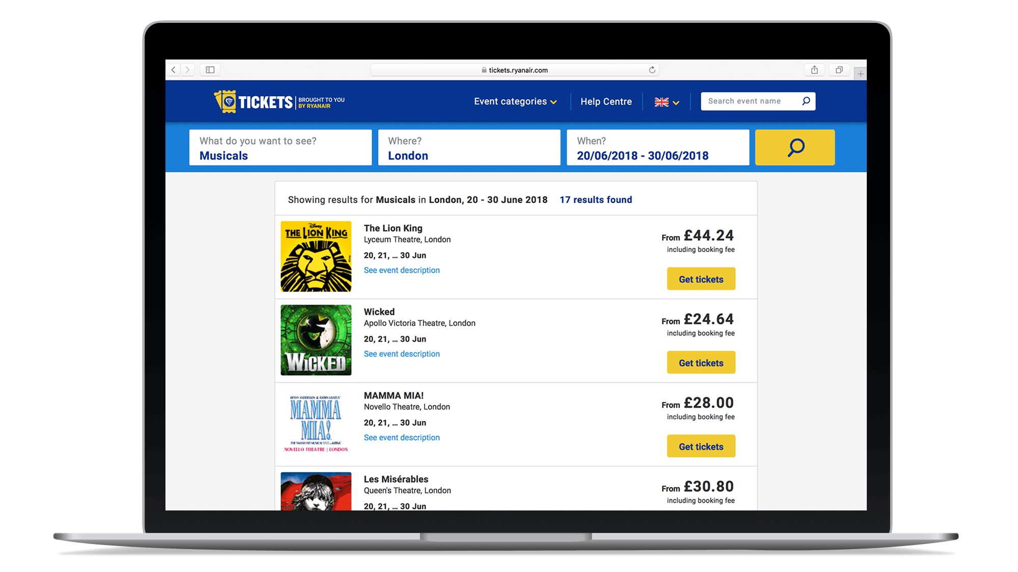 Laptop showing Ryanair Tickets’ selection of live events in London between certain dates.