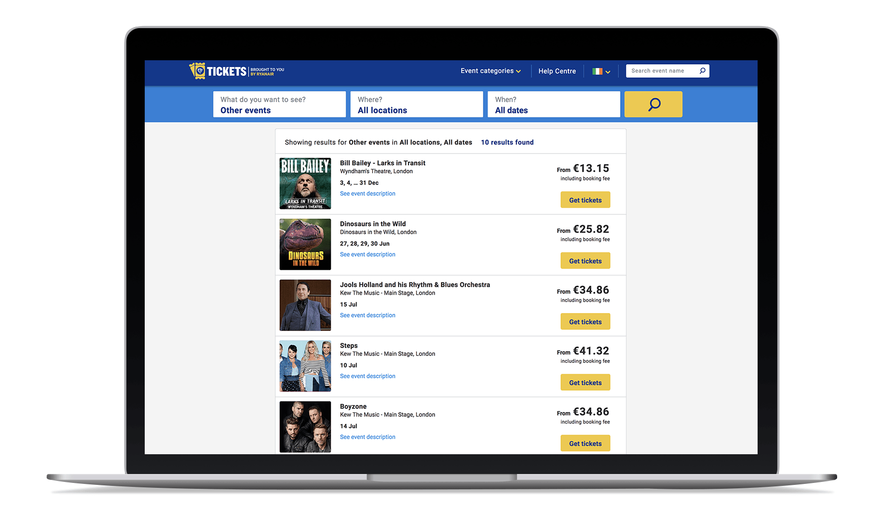 Laptop showing Ryanair Tickets’ selection of live events in the UK.